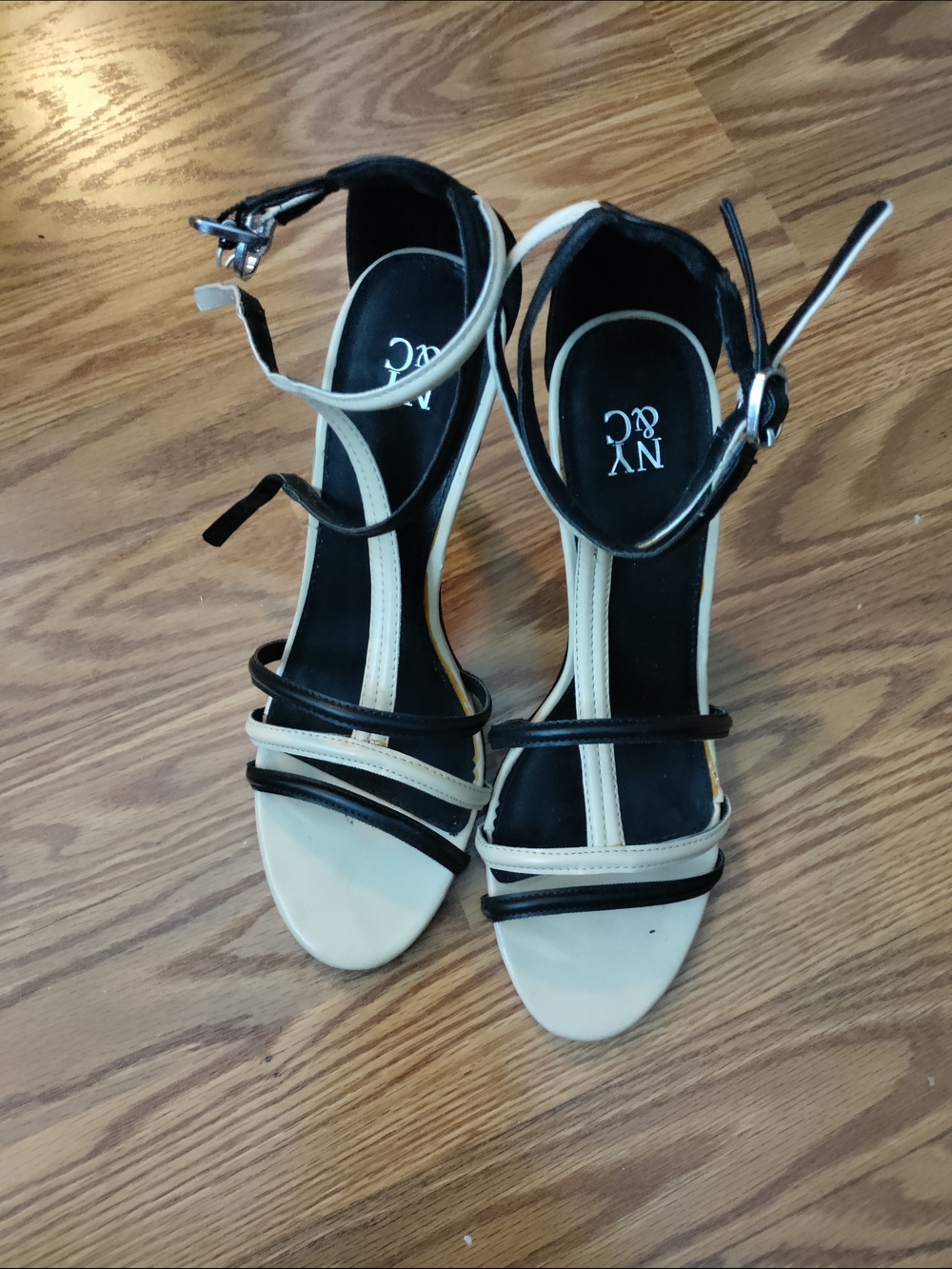 New York & Company Two-Tone Black and Cream Strappy High-Heel Sandals
